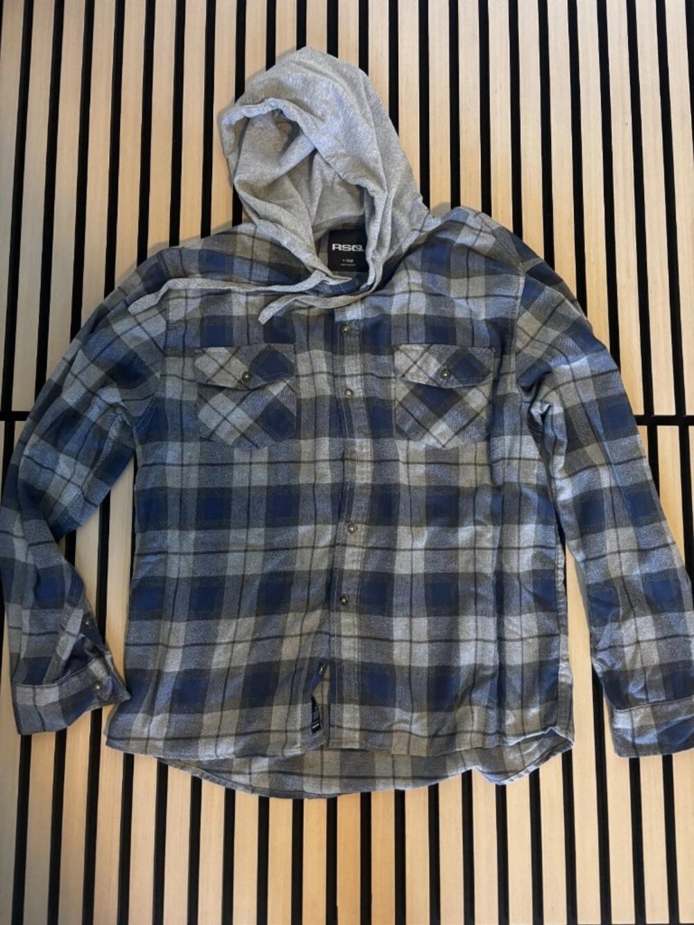 RSQ Blue Plaid Hooded Flannel Button Up Shirt Men's XL